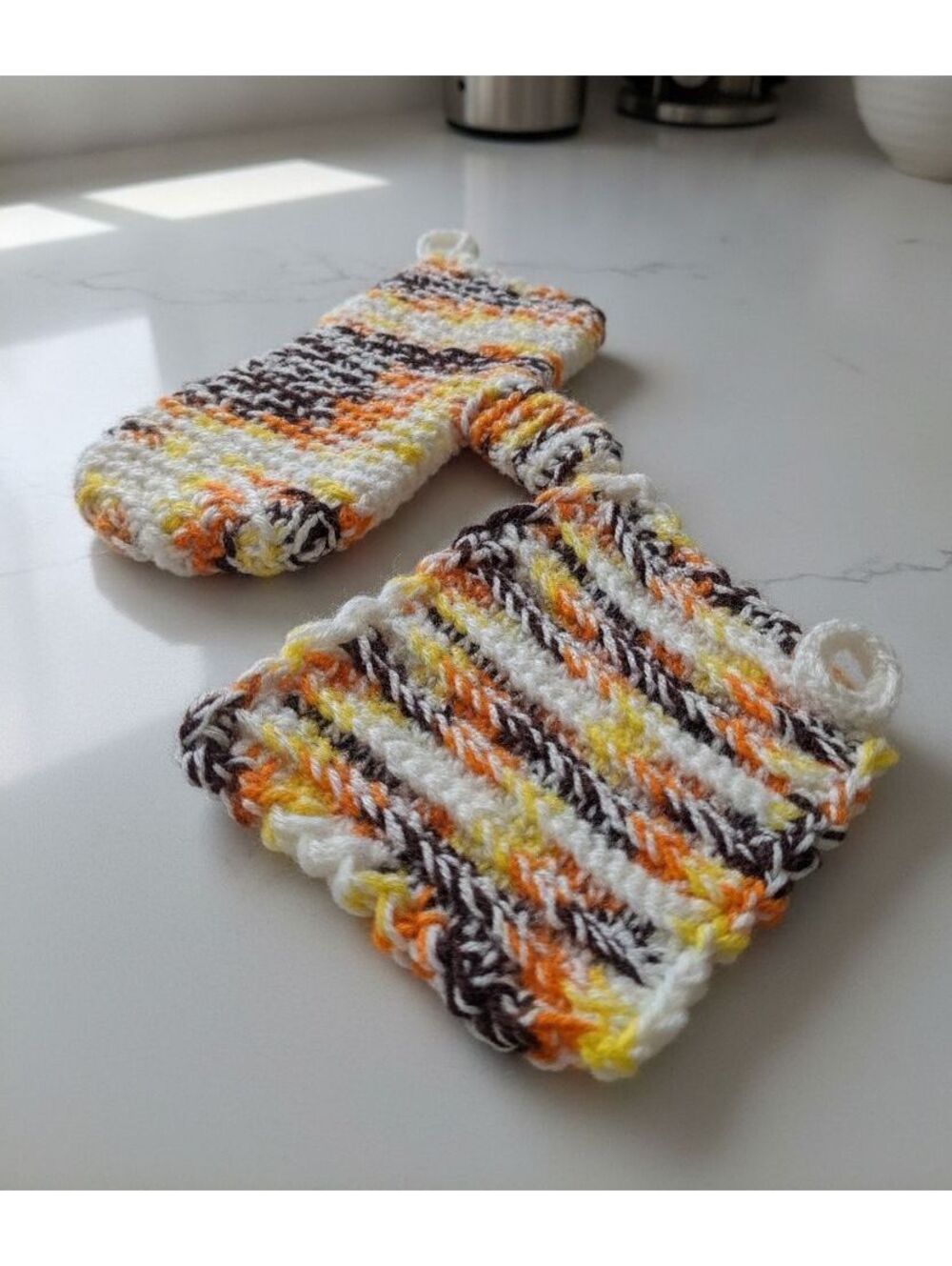 Handmade Crochet Oven Mitt and Pot Holder Set Multicolor